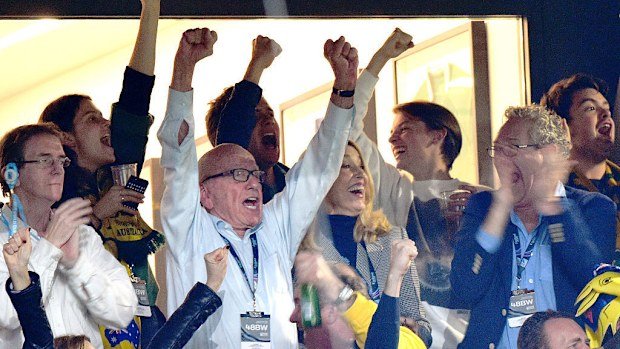 Rupert Murdoch cheers for Australia in the 2015 Rugby World Cup final.