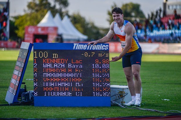 Lachlan Kennedy celebrating after becoming the first Australian to run a sub-10-second 100m in Kenya.