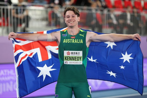 Lachlan Kennedy celebrating after winning the 100 metres and achieving the first sub-10-second time of his career in Kenya.