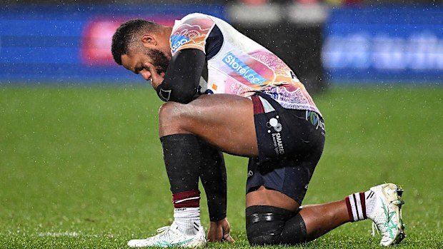 Filipo Daugunu of the Queensland Reds reacts after losing.