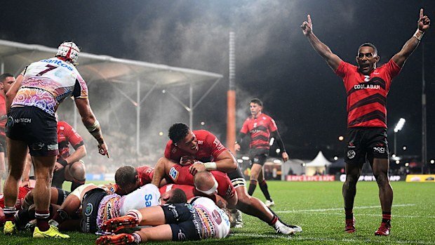 Sevu Reece of the Crusaders celebrates after Tamaiti Williams of the Crusaders scored.