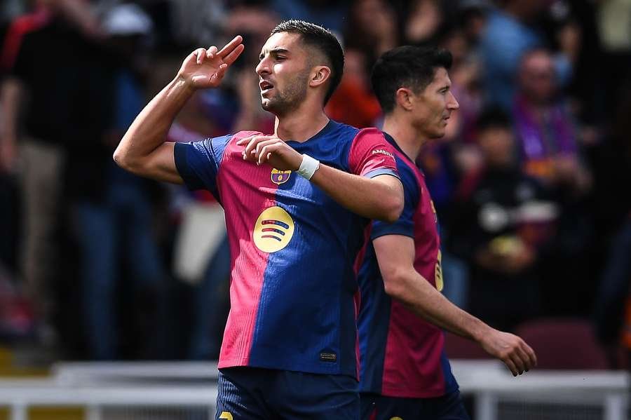 Barcelona's Ferran Torres celebrates his goal with Robert Lewandowski Barcelona's Ferran Torres celebrates his goal with Robert Lewandowski