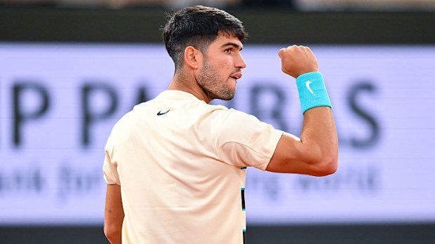 Carlos Alcaraz of Spain celebrates a point against Lorenzo Musetti of Italy during the Men's Singles Semi Final at the Roland-Garros.