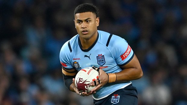 Haumole Olakau'atu in action for the Blues during State of Origin I in Sydney.