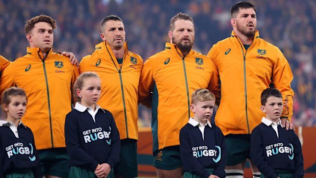 Andrew Kellaway, Jake Gordon, James Slipper and Liam Wright of the Wallabies.