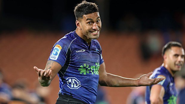 Rieko Ioane of the Blues celebrates the win.