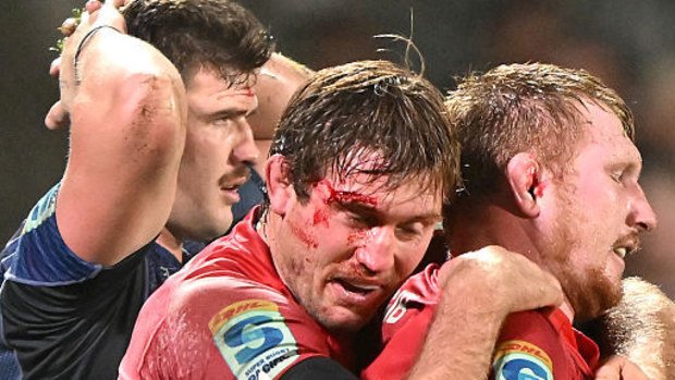 Ethan Blackadder and Fletcher Newell of the Crusaders celebrate.