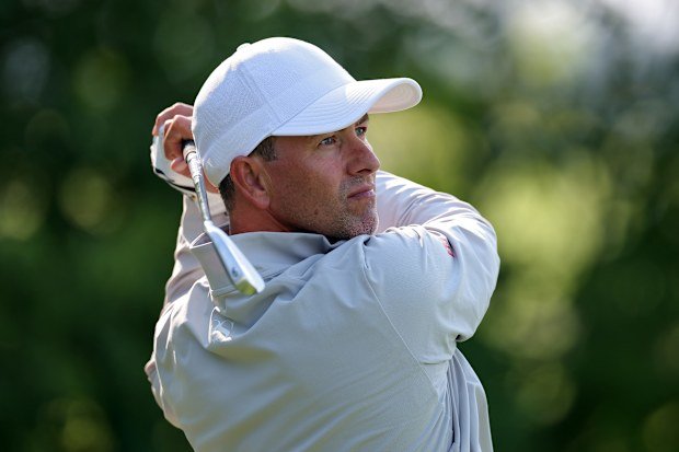 Adam Scott of Australia plays a shot from the 13th tee during a practice round prior to the 125th U.S. OPEN at Oakmont Country Club on June 11, 2025 in Oakmont, Pennsylvania. (Photo by Andrew Redington/Getty Images)