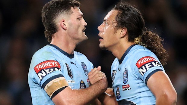 Nathan Cleary and Jarome Luai during game one of the 2022 State of Origin series between the New South Wales Blues and the Queensland Maroons at Accor Stadium on June 08, 2022, in Sydney, Australia. (Photo by Cameron Spencer/Getty Images)
