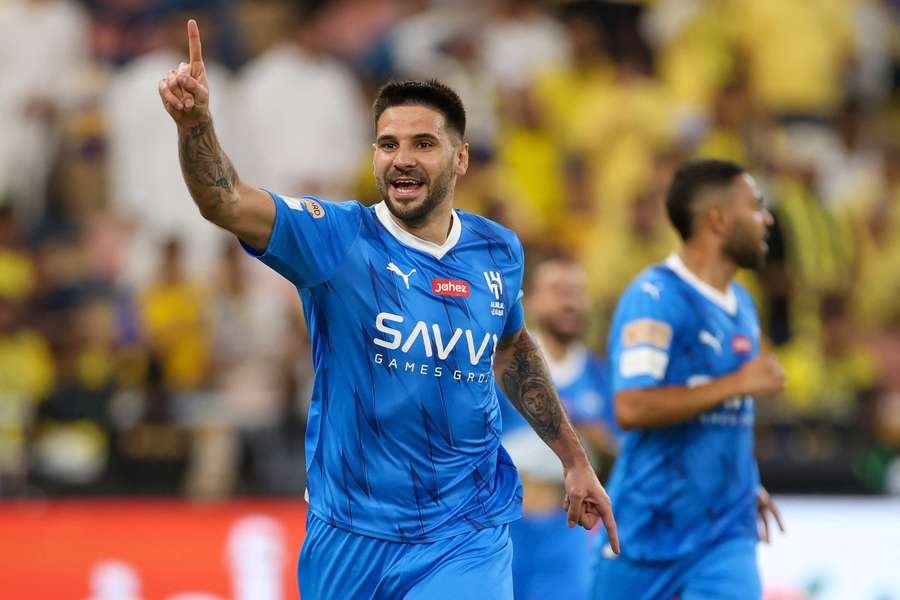 Al Hilal's Aleksandar Mitrovic celebrates scoring his team's first goal in the King's Cup final against Al Nassr Al Hilal's Aleksandar Mitrovic celebrates scoring his team's first goal in the King's Cup final against Al Nassr