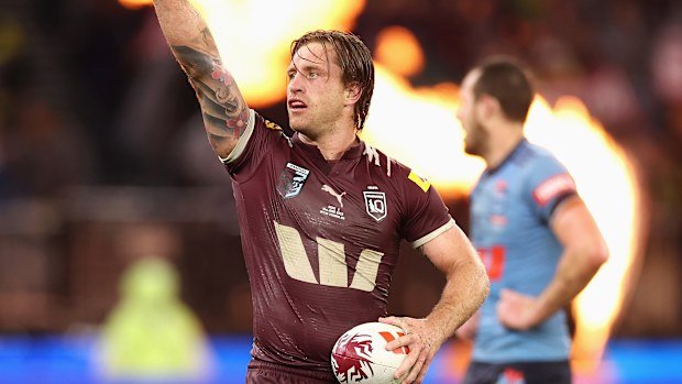 New Maroons skipper Cameron Munster enjoys his team's game two victory.