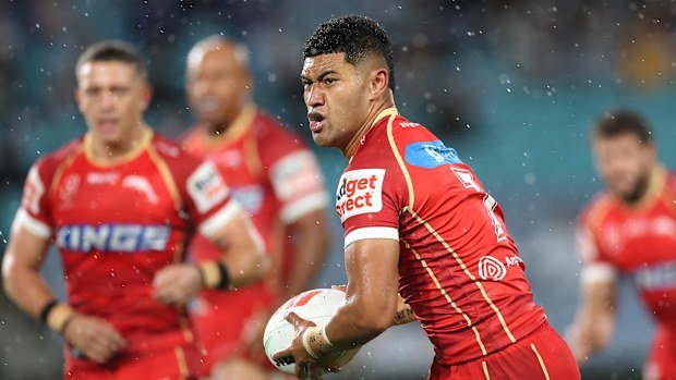SYDNEY, AUSTRALIA - MAY 22: Isaiya Katoa of the Dolphins charges forward during the round 12 NRL match between the Canterbury Bulldogs and Dolphins at Accor Stadium on May 22, 2025, in Sydney, Australia. (Photo by Cameron Spencer/Getty Images)