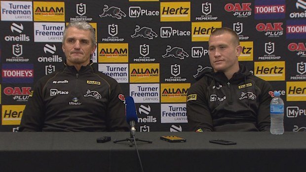 Coach Ivan Cleary and acting Panthers skipper Mitch Kenny speaking to media after Penrith's win over the Warriors in Auckland.