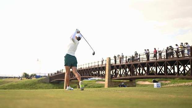 Minjee Lee teeing off on the 18th hole during the third round of the KPMG Women's PGA Championship. (Photo by Ryan Lochhead/PGA of America via Getty Images)