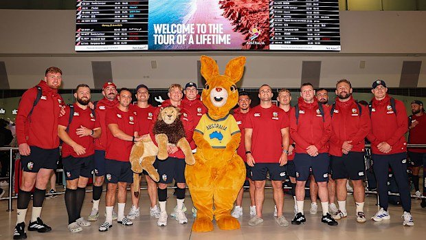 The British and Irish Lions squad pose on arrival in Australia.