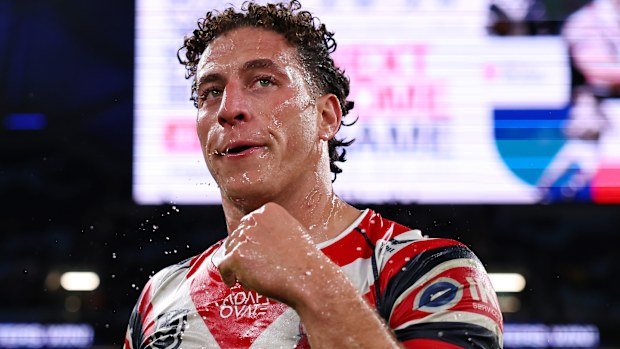 SYDNEY, AUSTRALIA - JUNE 22: Mark Nawaqanitawase of the Roosters reacts after the round 16 NRL match between Sydney Roosters and North Queensland Cowboys at Allianz Stadium, on June 22, 2025, in Sydney, Australia. (Photo by Jeremy Ng/Getty Images)
