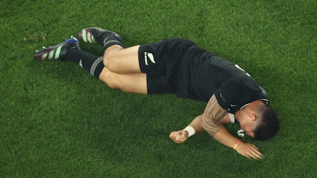 Quinn Tupaea of the All Blacks is injured at Marvel Stadium.