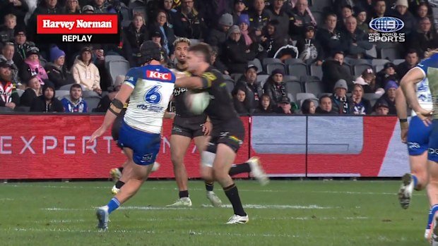 Nathan Cleary scored off this charge down of a Matt Burton kick.