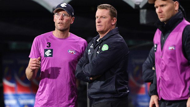 Blues coach Michael Voss observes from the sidelines.