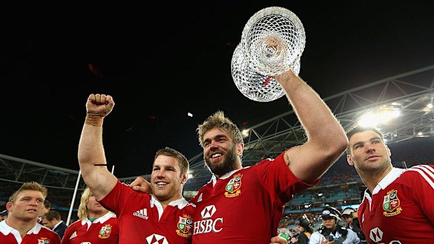 Sean O'Brien and Geoff Parling of the Lions celebrate winning.