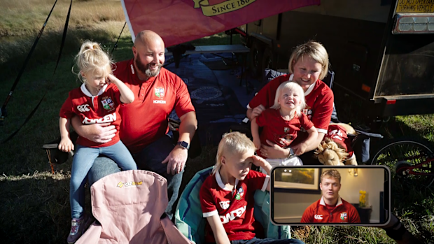 The Hardman family hears a video message from Lions star Fin Smith.