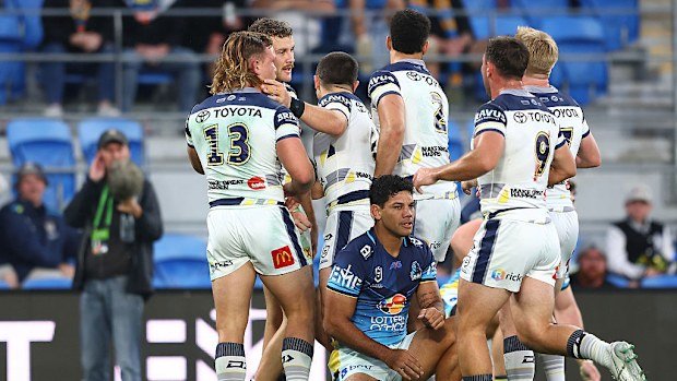 Zac Laybutt of the Cowboys celebrates a try.