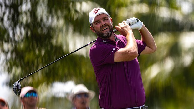 Marc Leishman of Ripper GC hits his shot from the second tee during Day Three of LIV Golf Miami at Trump National Doral Miami on April 06, 2025 in Doral, Florida. (Photo by Lauren Sopourn/Getty Images)