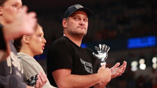 Brendon Fevola looks on during game three of the NBL Semifinal Playoff Series between Melbourne United and Illawarra Hawks at John Cain Arena, on March 13, 2024, in Melbourne, Australia. (Photo by Kelly Defina/Getty Images)