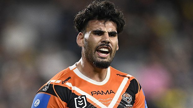Terrell May of the Tigers during the round 13 NRL match between North Queensland Cowboys and Wests Tigers at Queensland Country Bank Stadium on May 31, 2025, in Townsville, Australia. (Photo by Ian Hitchcock/Getty Images)