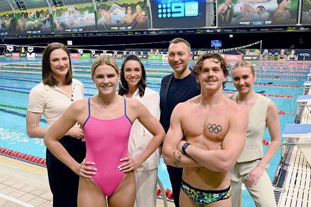 Back row, from left: Nine expert commentators Cate Campbell, Giaan Rooney, Ian Thorpe and Ariarne Titmus. Front row: Dolphins Shayna Jack and Isaac Cooper.