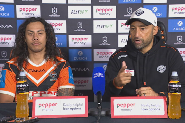 Wests Tigers halfback Jarome Luai and coach Benji Marshall.