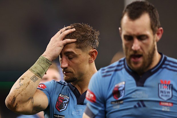 Zac Lomax and Isaah Yeo look dejected after the Blues were defeated 26-24.