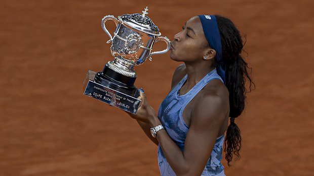 Coco Gauff holds the trophy after the match at the Roland Garros Grand Slam Tournament Women's Final in Paris, France, on June 7, 2025. (Photo by Robert Szaniszlo/NurPhoto via Getty Images)