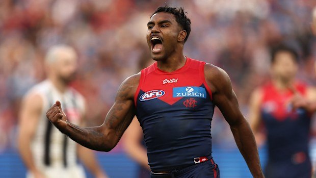 Kysaiah Pickett of the Demons celebrates a goal during the 2025 AFL Round 13 match between the Melbourne Demons and the Collingwood Magpies at Melbourne Cricket Ground on June 9, 2025 in Melbourne, Australia. (Photo by James Wiltshire/AFL Photos via Getty Images)
