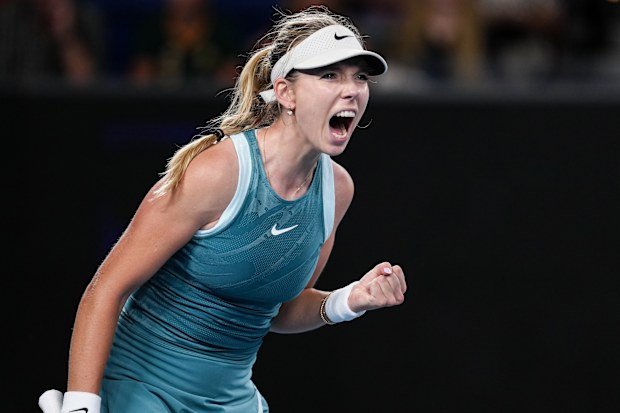 Katie Boulter celebrates after defeating a challenging Rebecca Marino.