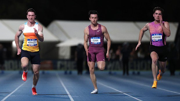 Lachlan Kennedy, Jake Doran, and Rohan Browning in the 100m final at the 2025 Australian athletics championships in Perth.