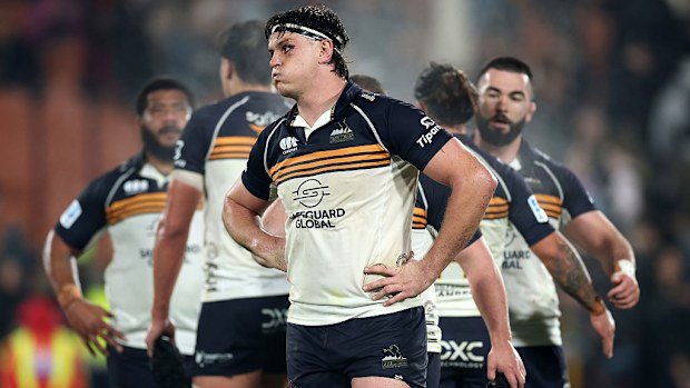 Tom Hooper of the Brumbies reacts to the loss.