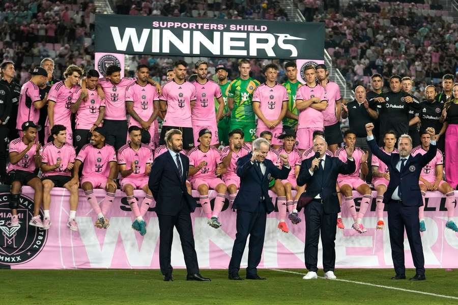 FIFA President Gianni Infantino, second from right, front, speaks during a ceremony for Inter Miami winning the Supporters' Shield FIFA President Gianni Infantino, second from right, front, speaks during a ceremony for Inter Miami winning the Supporters' Shield