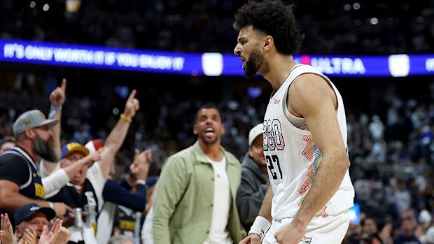 Jamal Murray of the Denver Nuggets reacts against the Oklahoma City Thunder.