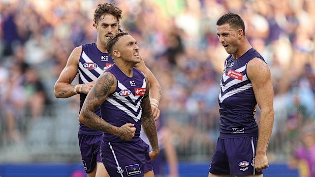 Shai Bolton of the Dockers celebrates a goal during the 2025 AFL Round 04 match