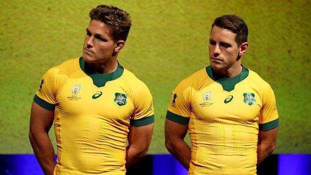 Wallabies captain Michael Hooper and Bernard Foley during the 2019 Rugby World Cup jersey launch.
