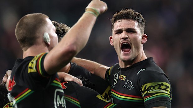 Nathan Cleary of the Panthers celebrate winning the round 17 NRL match between the Penrith Panthers and Canterbury Bulldogs at CommBank Stadium on June 26, 2025, in Sydney, Australia. (Photo by Cameron Spencer/Getty Images)