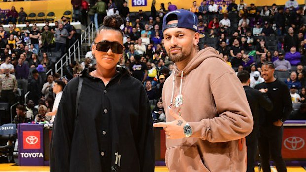 Nick Kyrgios and Naomi Osaka at a LA Lakers game.