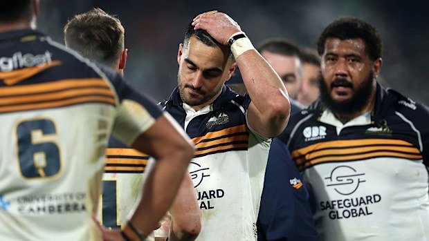 Tom Wright of the Brumbies reacts to the loss.