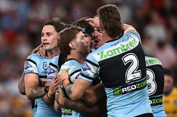 Sharks players celebrate a try during their round nine NRL match against the Parramatta Eels at Suncorp Stadium, on May 02, 2025, in Brisbane, Australia. (Photo by Hannah Peters/Getty Images)