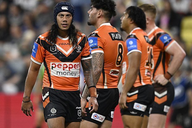 TOWNSVILLE, AUSTRALIA - MAY 31: Jarome Luai of the Tigers looks on during the round 13 NRL match between North Queensland Cowboys and Wests Tigers at Queensland Country Bank Stadium on May 31, 2025, in Townsville, Australia. (Photo by Ian Hitchcock/Getty Images)
