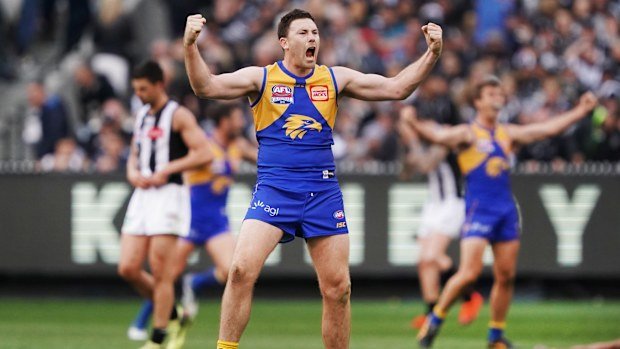 Jeremy McGovern celebrates as the West Coast Eagles win the 2018 AFL grand final.