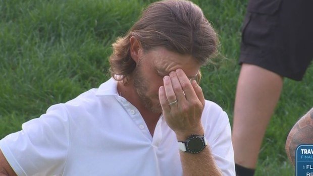 Tommy Fleetwood reacts to his missed putt on 18 at The Travelers.