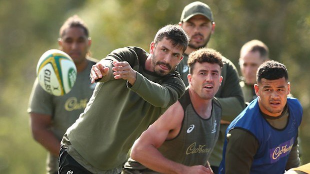 Jake Gordon passes during a Wallabies training session at Sanctuary Cove.