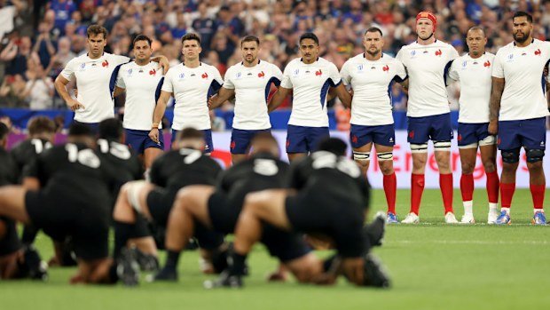 France confront the haka during the Rugby World Cup.